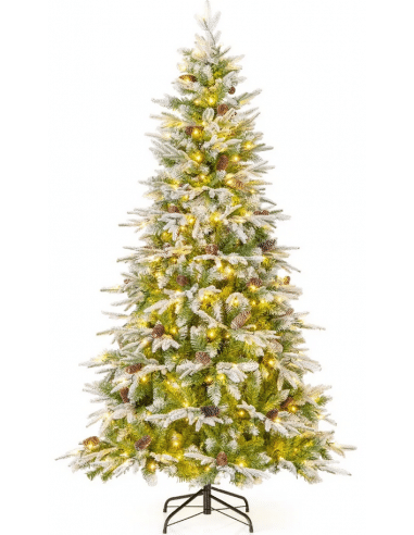 Kunstigt juletræ med sne, kogler og led lys H190 x Ø90 cm - Grøn/Hvid