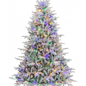 Kunstigt juletræ med sne og farvede led lys H218 x Ø135 cm - Grøn/Hvid