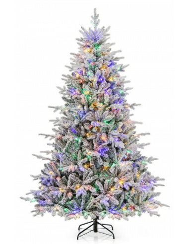 Kunstigt juletræ med sne og farvede led lys H218 x Ø135 cm - Grøn/Hvid