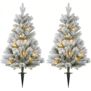 Sæt med 2 x kunstige juletræer med sne og led lys H107 x Ø55 cm - Hvid