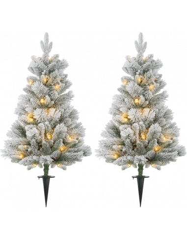 Sæt med 2 x kunstige juletræer med sne og led lys H107 x Ø55 cm - Hvid