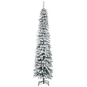 Kunstigt juletræ, snedækket, slankt design, brandsikkert, 210 cm, grøn/hvid
