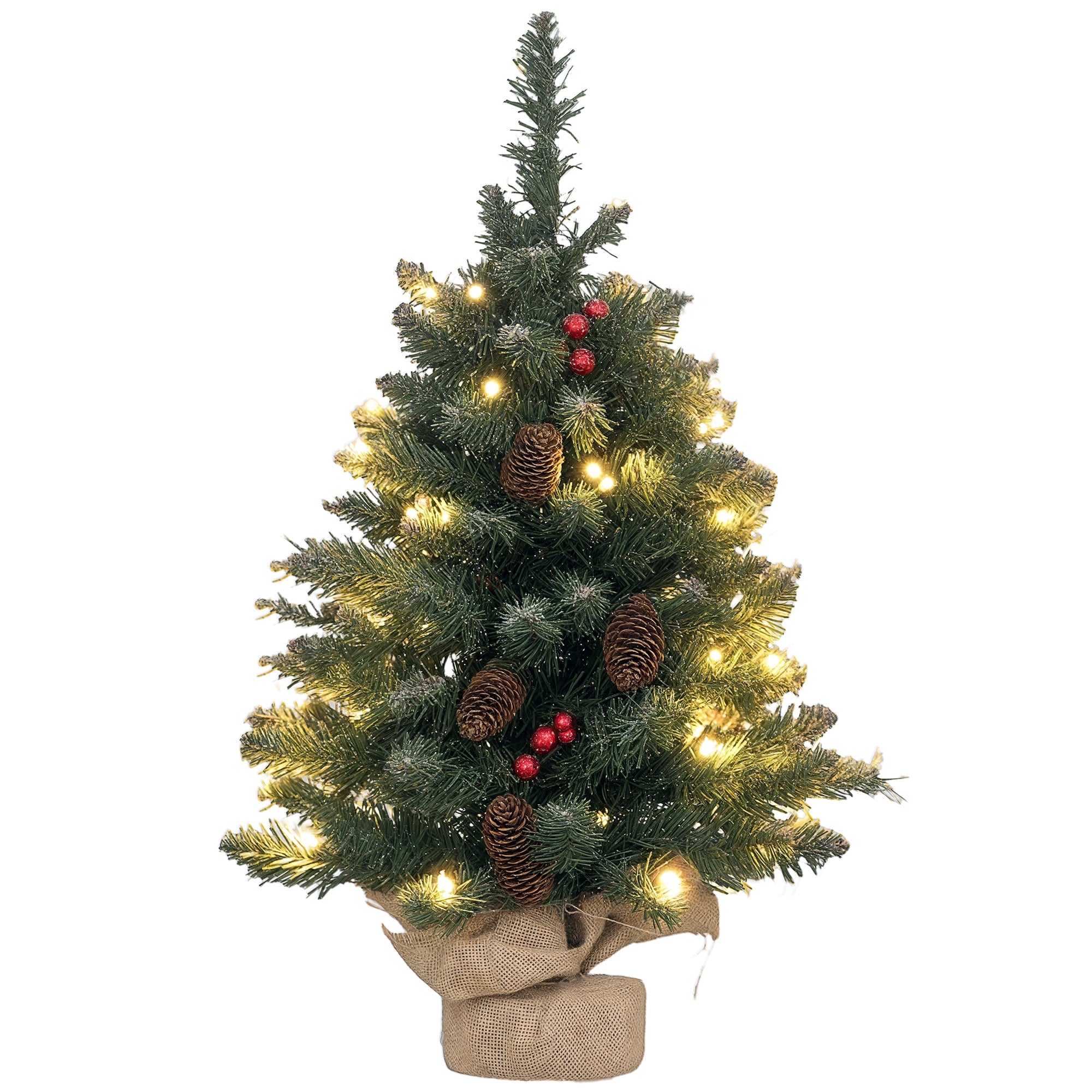 Juletræ med LED-belysning, 60 cm, kogler og røde bær, inklusive fod, grøn/hvid