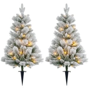 Juletræ med LED-belysning, sæt med 2, 107 cm, kogler, røde bær, brandsikker, grøn/hvid