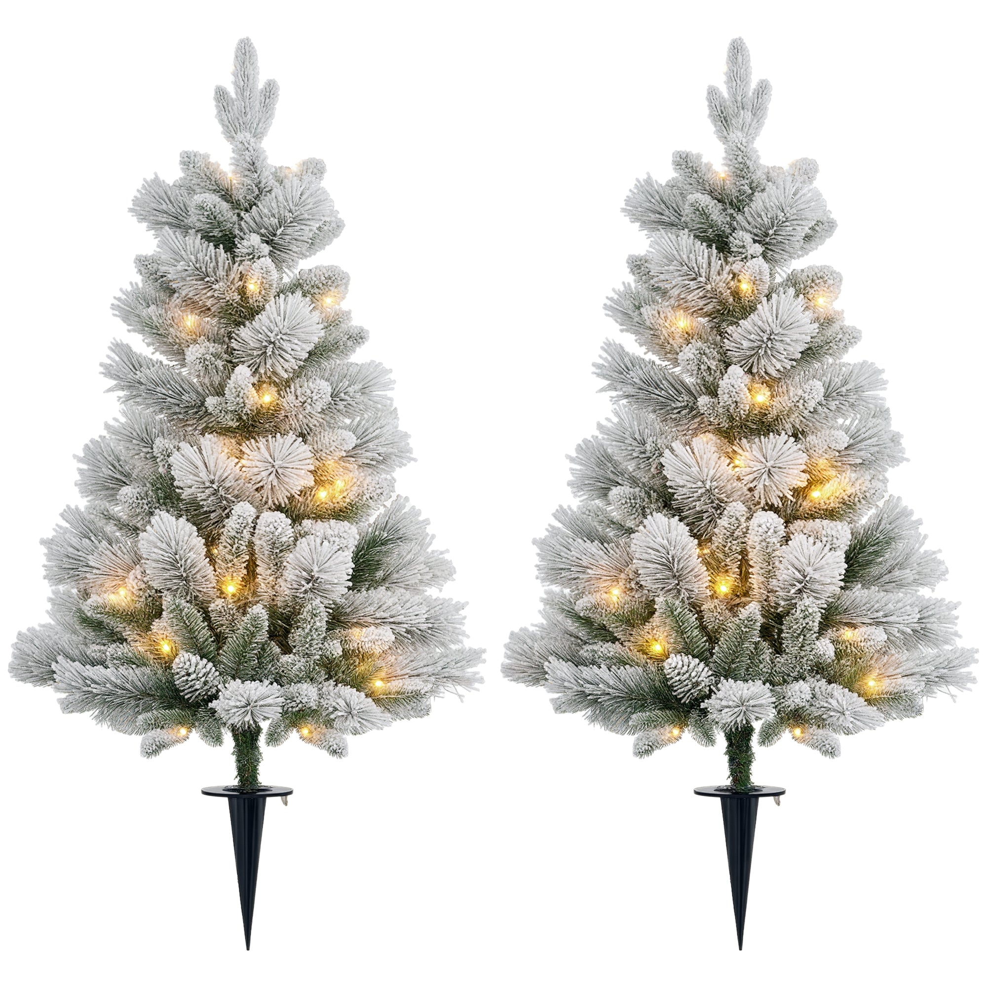 Juletræ med LED-belysning, sæt med 2, 107 cm, kogler, røde bær, brandsikker, grøn/hvid